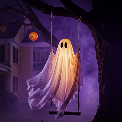 5FT Hanging Ghost Decor with Lights - Outdoor Halloween Swing Spirit