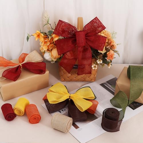 Fall Burlap Wired Ribbon Set - 6 Rolls, 2.5 Inch Wide, Autumn Colors, Gift & Wreath Decor