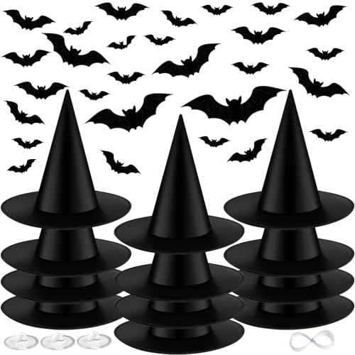 Halloween Black Witches Hat with 3D Bats - Floating Costume Accessory, 12-Pack