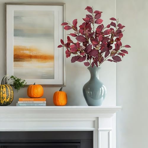 Artificial Burgundy Fall Euonymus Leaves Stems with Flower Seeds - 3 Pcs, 32 Inches
