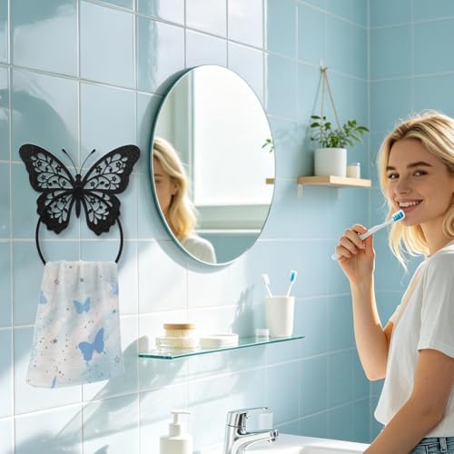 Butterfly Decorative Towel Ring for Bathroom Wall Mount Black Metal Accessory
