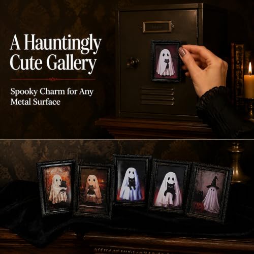 Halloween Ghost Fridge Magnets Set - Wooden Framed Cartoon Wall Decor for Kitchen & Refrigerator
