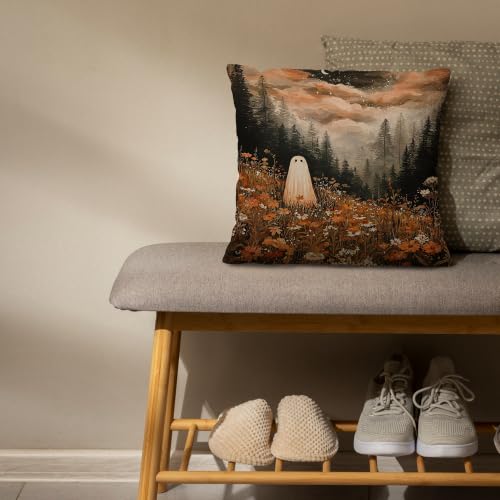 Halloween Ghost Mountains Throw Pillow Cover 18x18 in - Fall Flowers Variation