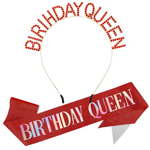 Red Birthday Sash and Crown Set for Women - Happy Birthday Decorations