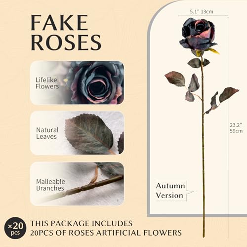 Dark Blue Artificial Roses 20PCS Long Stem Silk Flowers for Vase Indoor Outdoor Decor