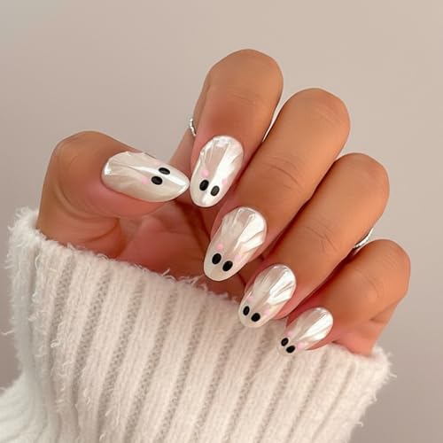 Halloween Press On Nails Glossy Chrome Fake Nails with White Ghost Design - Style 39, Medium Almond Shape, 24 Pcs