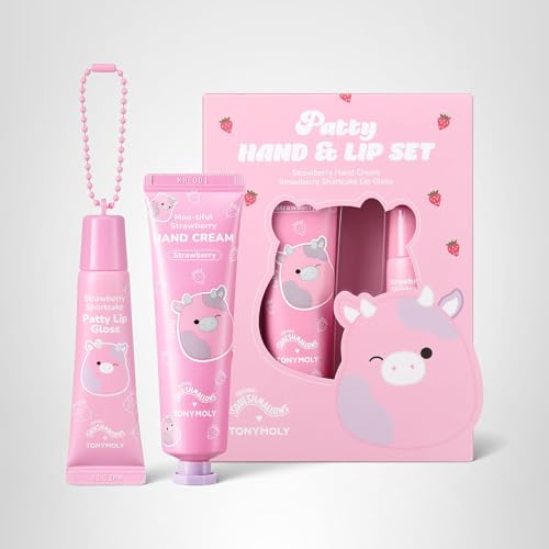 TONYMOLY x Squishmallows Patty the Cow 2-Piece Skincare & Beauty Gift Set – Strawberry Hand Cream & Strawberry Shortcake Lip Gloss – Cute Korean Skincare Gift