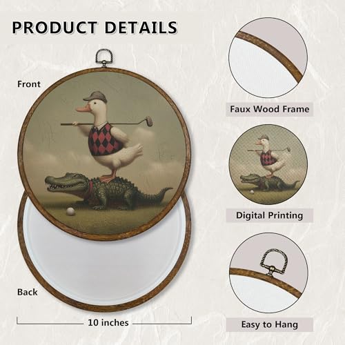 Whimsical Golf Duck Wall Art Decor - Round Canvas Frame for Boys & Kids Rooms