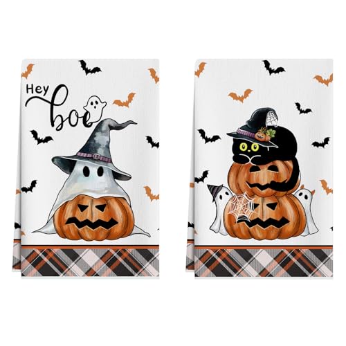 Halloween Ghost Cat Kitchen Towels Set of 2 - Spooky Dish Drying Hand Towels