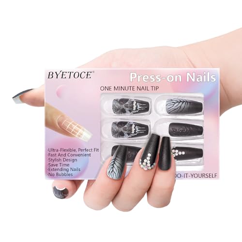 Halloween Coffin Press On Nails Medium Fake Nails 3D Rose Skull Matte Black with Colorful Variation