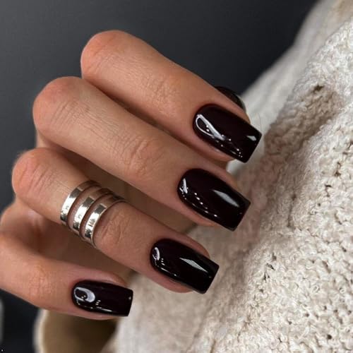 Black Press-On Nails Short Medium Square Glossy Fake Acrylic Gel Nails for Women