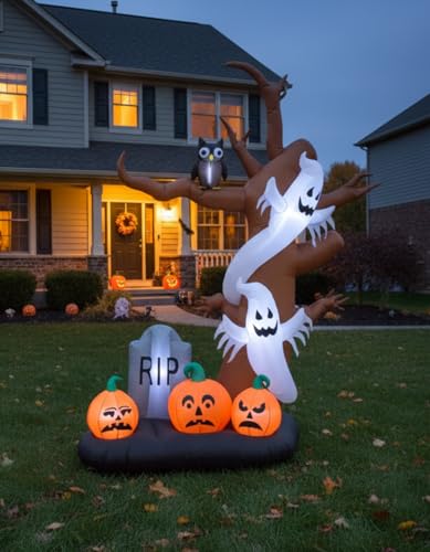 9 FT Halloween Inflatable Tree with Ghosts, Pumpkins, and Owl - Spooky Yard Decoration