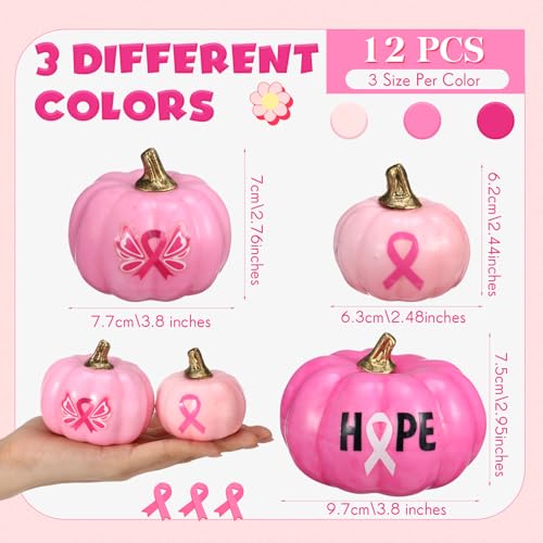 Breast Cancer Awareness Pumpkin Decor Set with Pink Ribbon - Fall Halloween Table Decorations - 12 Faux Foam Pumpkins