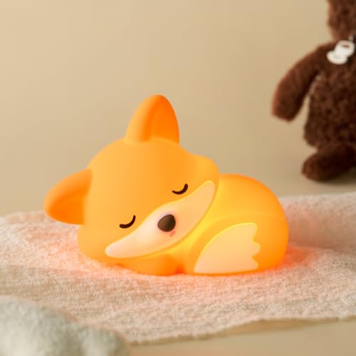 Orange Silicone Fox Night Light for Kids - Rechargeable Nursery Lamp with Timer