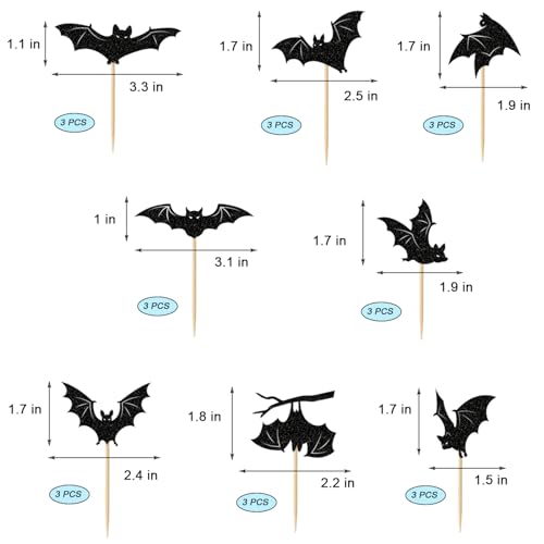 Glitter Bat Halloween Cupcake Toppers Set - Black Bat Picks, 24 Pack with Variation