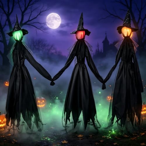 Halloween Witch Yard Decorations with Multicolor Light-Up Heads - Set of 3