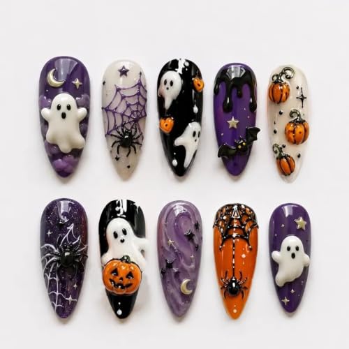 Halloween Press On Nails - Medium Almond Shape Ghost Pumpkin Spider Web Design - Variation of Fake Nails-21