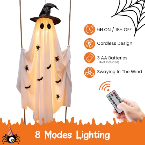 White Lighted Swing Ghost Halloween Decoration - 5FT Outdoor Hanging Ghost with Wooden Swing, 30 LED Lights & Remote