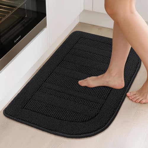 Non Slip Washable Kitchen Rug 30x18 Inch - Black, Semicircular Variation