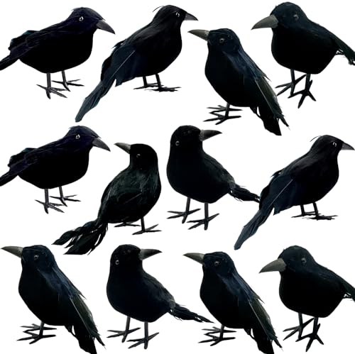 12 Pieces Halloween Black Feathered Crows Decor - Realistic Ravens for Indoor Outdoor Halloween Scene - 3 Styles