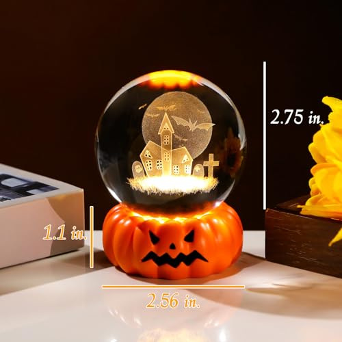 Halloween Glass Ball Night Light with 3D Haunted House & Pumpkin Base - Warm Light