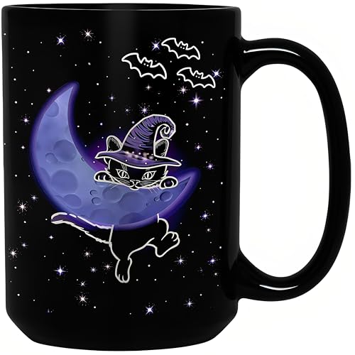 Halloween Cat Mug 15oz Black Ceramic Coffee Cup - Wizard Cat Variation