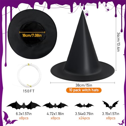 Halloween Witch Hats Set with Bat Wall Decals & Hanging Cord - Yard & Porch Decor
