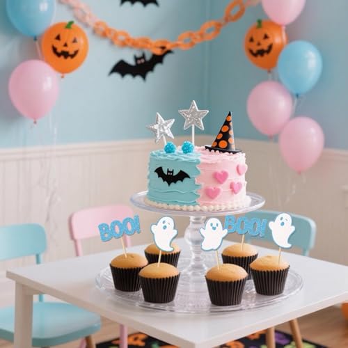 Blue Halloween Ghost Cupcake Toppers - 24 Pcs Party Decor, No Assembly