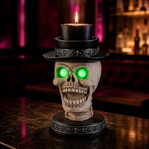 Halloween Skull Candy Bowl with Glowing Eyes & Black Hat - Spooky Gothic Decor