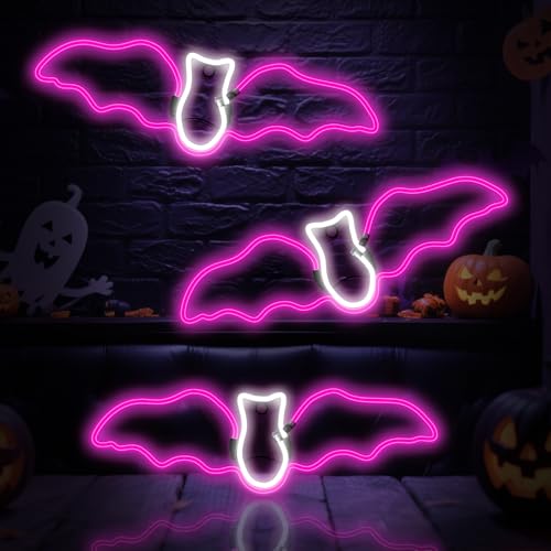 LED Neon Bat Lights Halloween Decor - 3 Pack Pink & White Hanging Bats, 20 Inches, Outdoor Waterproof