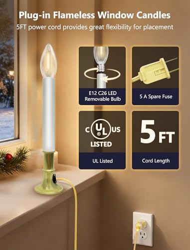 Electric Window Candles with Sensor Dusk to Dawn - Gold-Yellow Wire - 4 Pack 9 Inch LED Christmas Lights for Holiday Decor