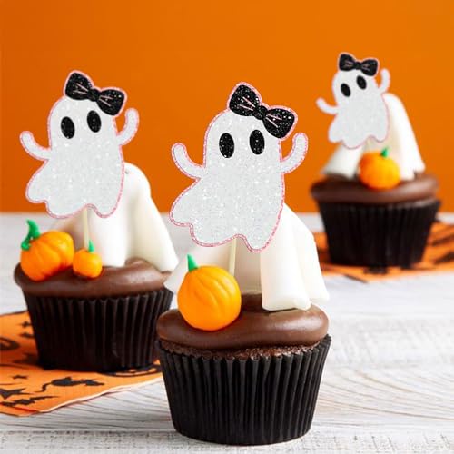 Pink Glitter Ghost Cupcake Toppers Halloween Party Decorations 24 Pack