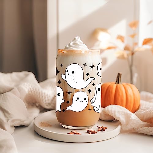 Halloween Ghost 16oz Tumbler Glass Cup with Lid & Straw - Spooky Drinkware