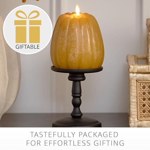 Flameless Flickering Pumpkin Candle - Unscented LED Decor with Timer, Harvest Gold, 4.9" x 6"