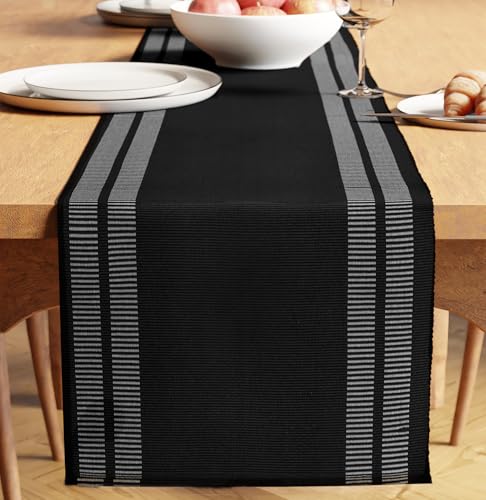 Encasa XO Black Ladder Cotton Table Runner 13x94 - Modern Dining Decor