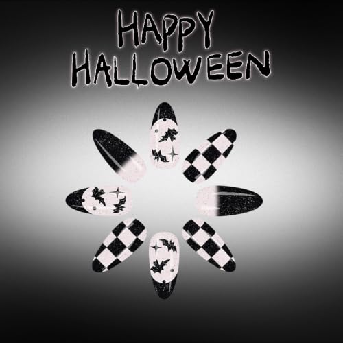 Halloween Fake Nails - Checkered Bat Ombre Almond Press-On Nails Style-37