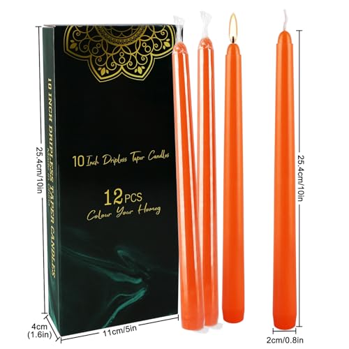12 Pack 10-Inch Orange Taper Candles Unscented Dripless for Halloween & Holiday Decor - Variation of THIS Listing