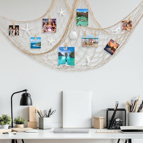 Nautical Fishnet Decor Set with Starfish, Shells, Seahorses - Ocean Theme Wall Art