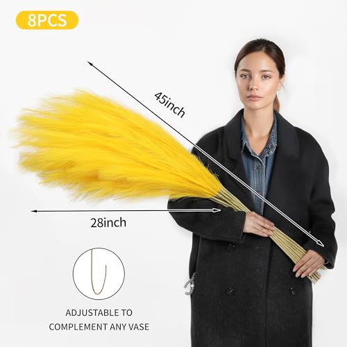Yellow Pampas Grass Decor - Faux 8 Pieces, 45 Inch Tall, Lifelike Fluffy Stems