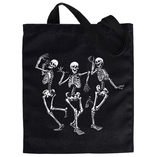 Halloween Canvas Tote Bag - Reusable Gift Goodie Bag with Dancing Skeleton