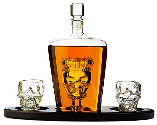 Skull Decanter Set with 2 Shot Glasses and Wooden Base - Gothic Skeleton Whiskey & Tequila Barware - Variation of Skull Set