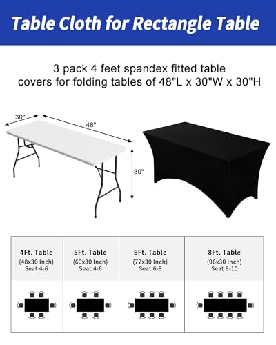 Black Fitted Spandex Table Cover for 4ft Tables - Pack of 3 - Rectangular