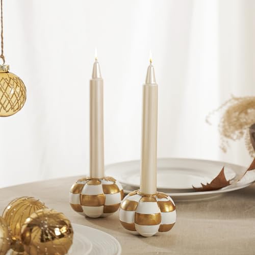 Fall Pumpkin Candle Holder Set - White & Gold Checkered Decor, 2PCS