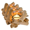 Wooden Tea Light Candle Holder Set with Glass Cups - Rustic Coastal Style, Pack of 3