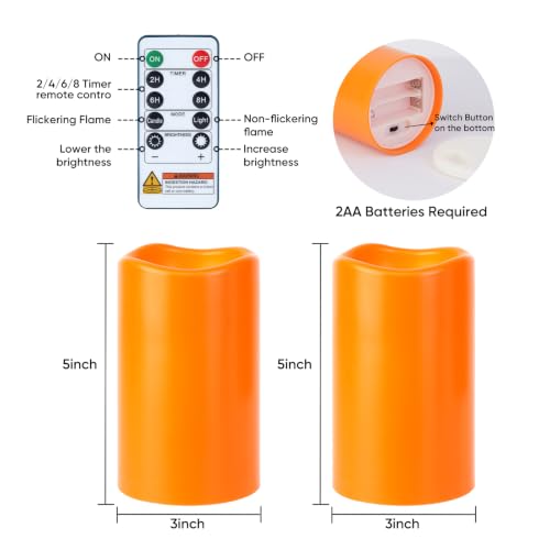Orange Flameless Waterproof Candles 3x5 Inches, LED Pillar Lights, 2 Pack