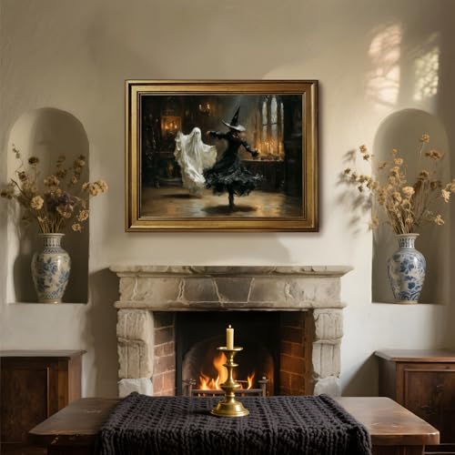 Vintage Halloween Wall Art Canvas Print Ghost and Witch with Gold Frame - 8x10 Inch Style-2