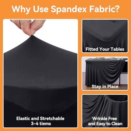 Black Spandex Fitted Rectangle Tablecloth 8ft - 4 Pack, Wrinkle-Free, Stretch Fit