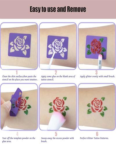 Kids Glitter Tattoo Kit with 48 Colors, Stencils, Diamonds & Glue