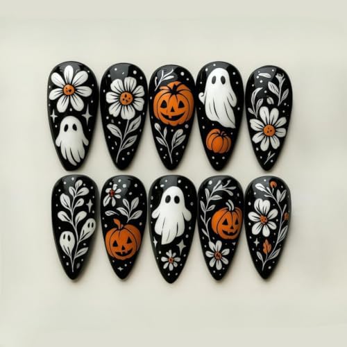 Black Halloween Press-On Nails with Ghosts & Pumpkin Design - Medium Almond Full Cover Fake Nails