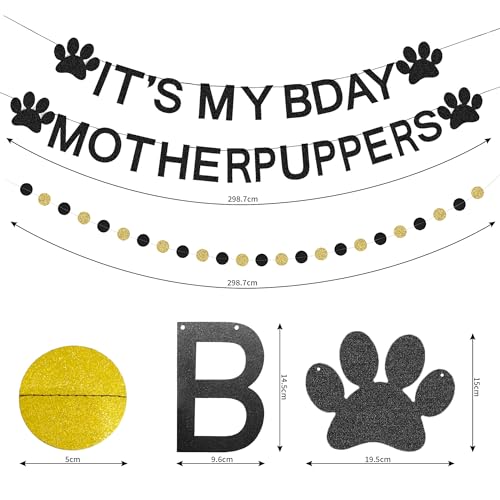 Dog Birthday Party Decorations Kit with Banner Balloons & Garland - Black & Gold